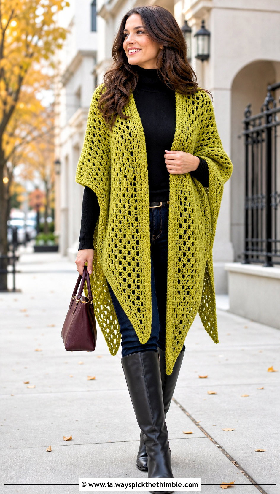 Ruana Crochet Shawl With Turtleneck And Jeans - 20 Simple Crochet Shawl outfit ideas
