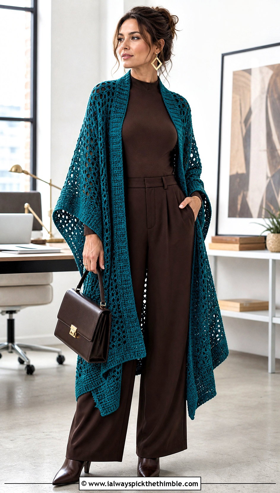 Ruana Crochet Shawl With Wide Leg Trousers And Bodysuit - 20 Stevie Nicks Crochet Shawl outfit ideas