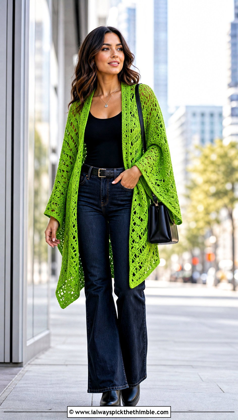 Ruana Crochet Spring Wrap With Flared Jeans - 15 Crochet Spring Wrap outfit ideas