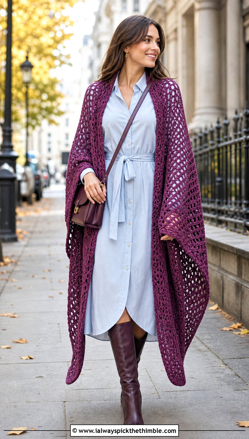 Ruana Crochet Wrap Shawl With Belted Shirt Dress - 25 crochet wrap shawl outfit ideas