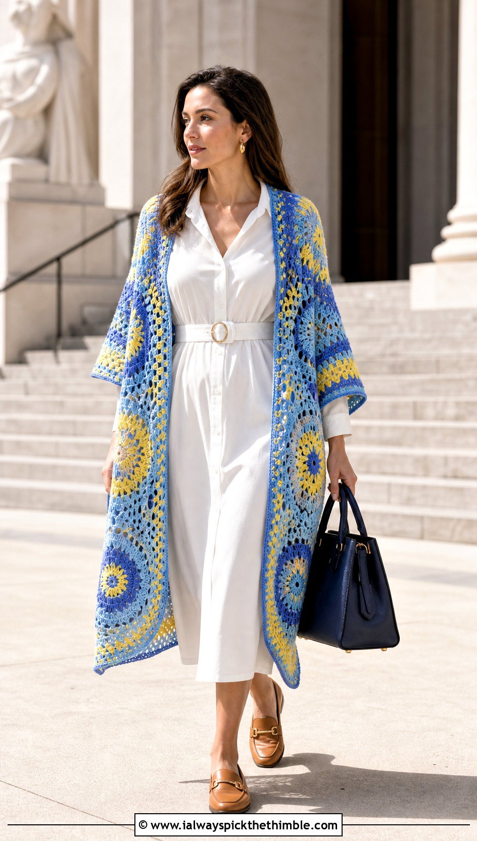 Ruana Mandala Yarn Crochet Shawl With A Shirt Dress - 15 Crochet Shawl Mandala Yarn outfit ideas