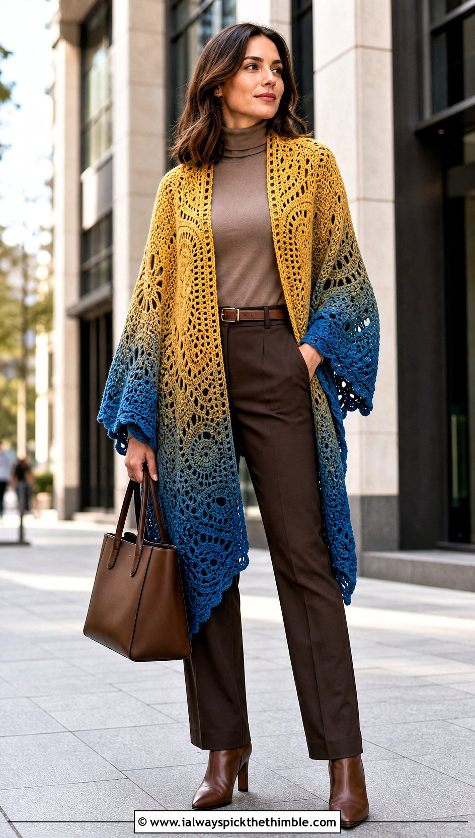 Ruana Mandala Yarn Crochet Shawl With Turtleneck and Trousers - 20 Mandala Yarn Crochet Shawl outfit ideas