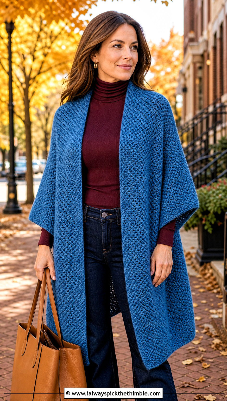 Ruana Moss Stitch Shawl With A Turtleneck And Bootcut Jeans - 20 Crochet Moss Stitch Shawl outfit ideas