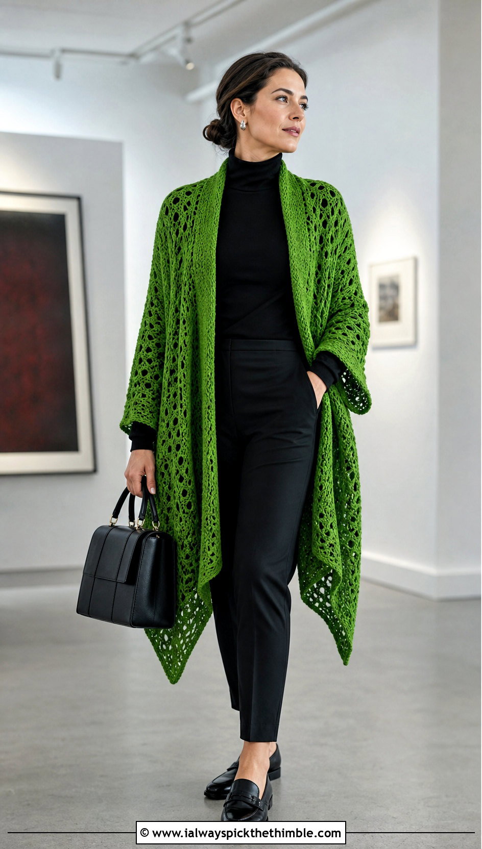 Ruana Prayer Shawl With Black Turtleneck - 25 easy crochet prayer shawls outfit ideas