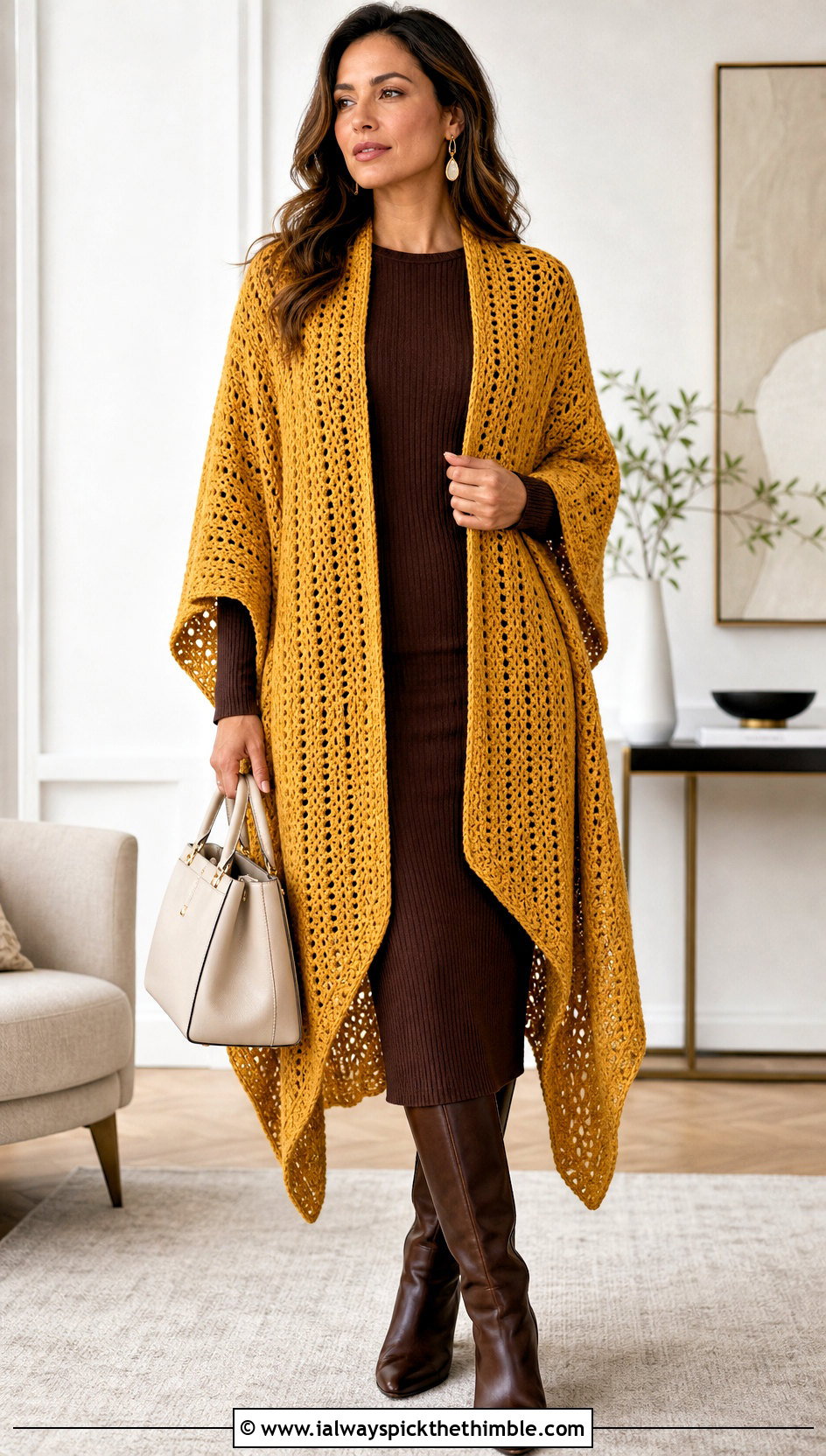 Ruana Style DK Yarn Crochet Shawl With Midi Dress - 20 Crochet Shawl Dk Yarn outfit ideas
