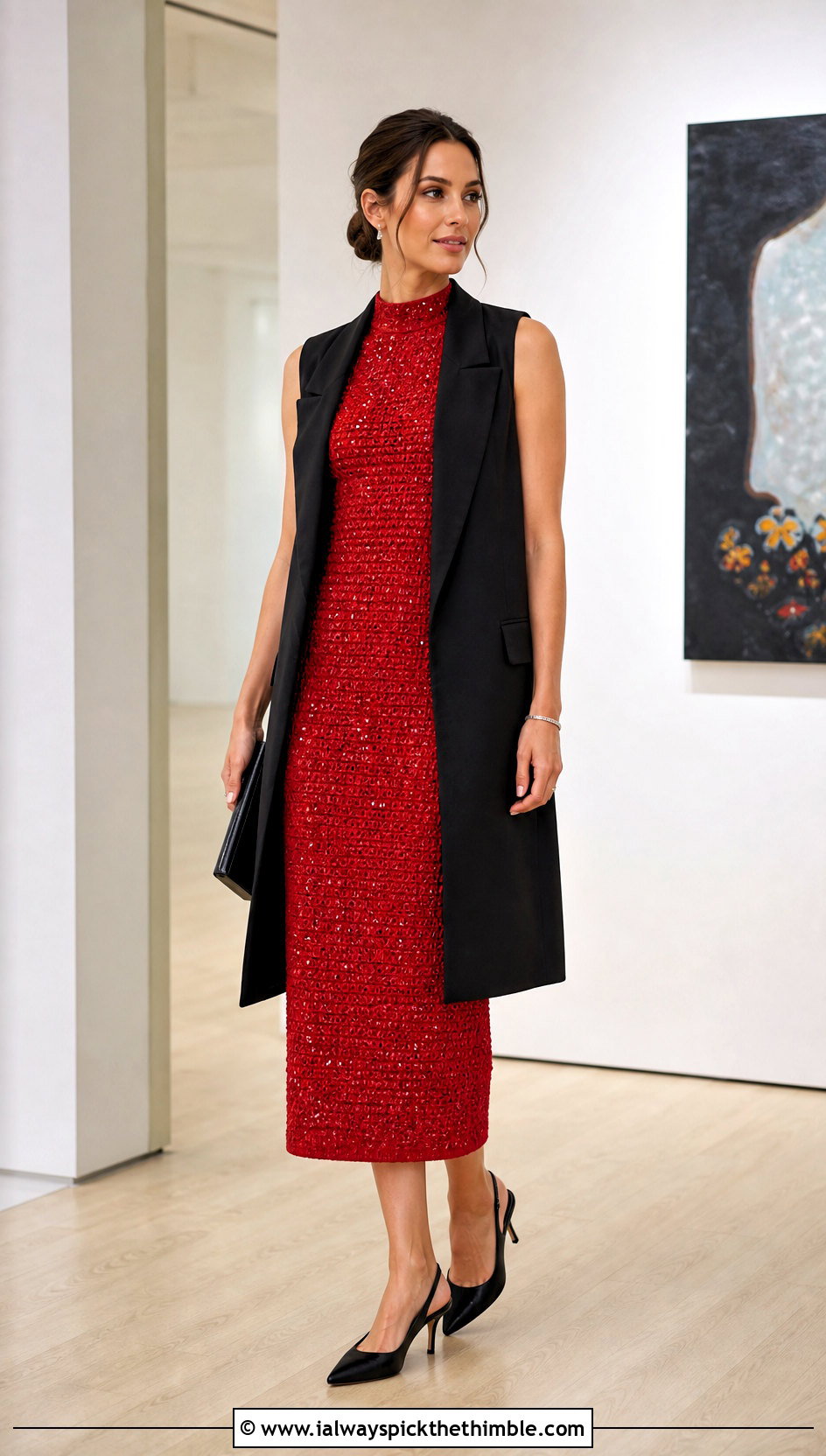 Ruby Red High Neck Crochet Sequin Dress With Longline Vest - 25 crochet sequin dress outfit ideas