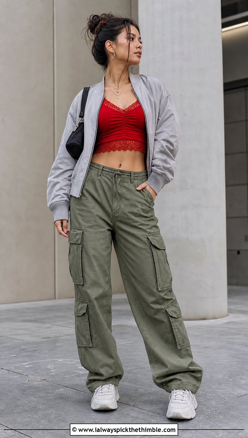 Ruched Crochet Trim Top With Cargo Pants - 20 crochet trim top outfit ideas