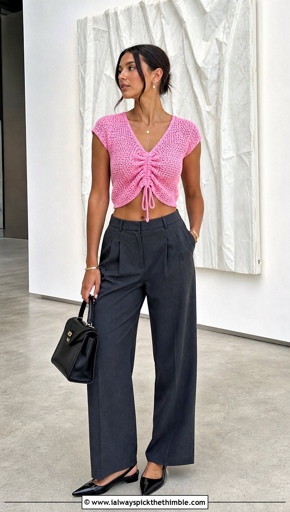Ruched Front Crochet Crop Top With Tailored Trousers - 20 crochet cinch top outfit ideas