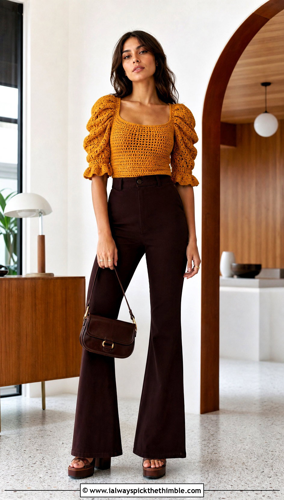Ruched Sleeve Crochet Top With Flared Trousers - 20 crochet ruched top outfit ideas
