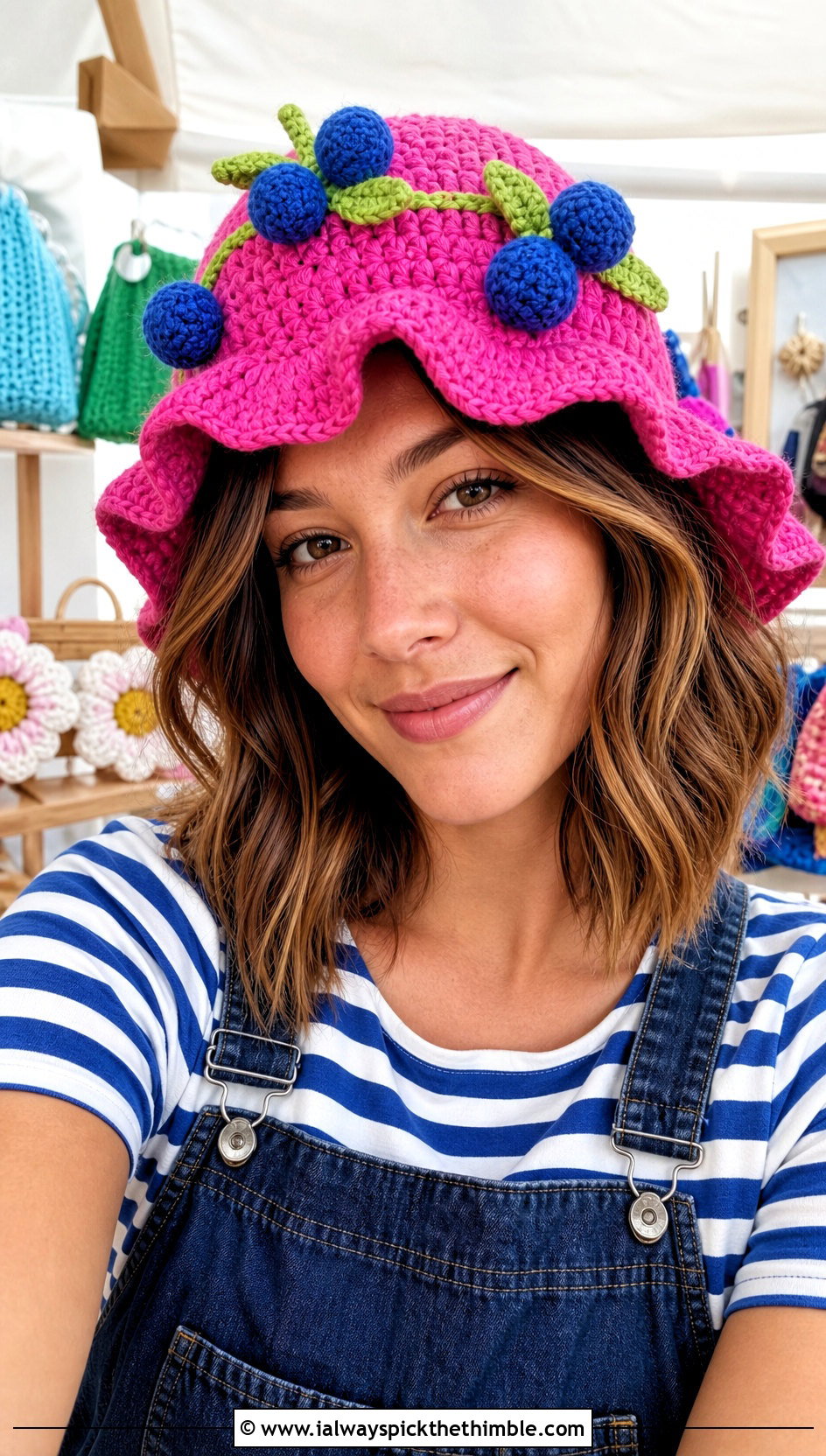 Ruffle Blueberry Crochet Bucket Hat With Overalls And Striped Top - 25 blueberry crochet hat outfit ideas