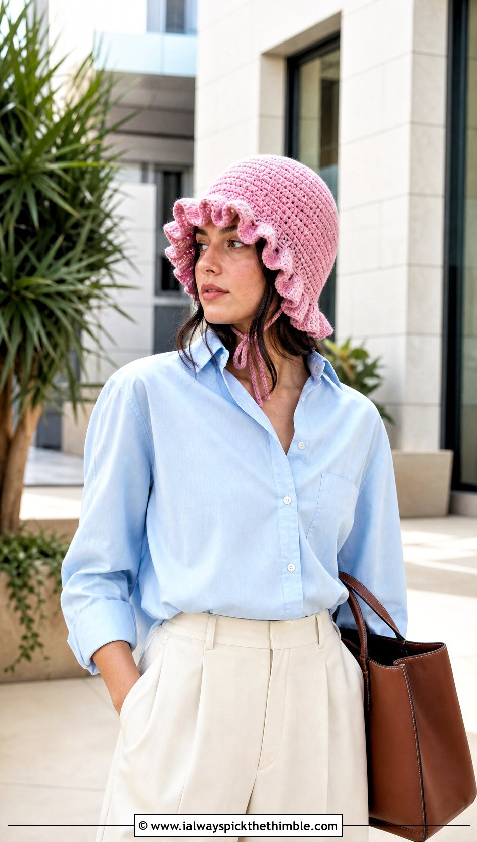 Ruffle Brim Crochet Bonnet With Wide Leg Pants - 20 Easy Crochet Bonnet outfit ideas