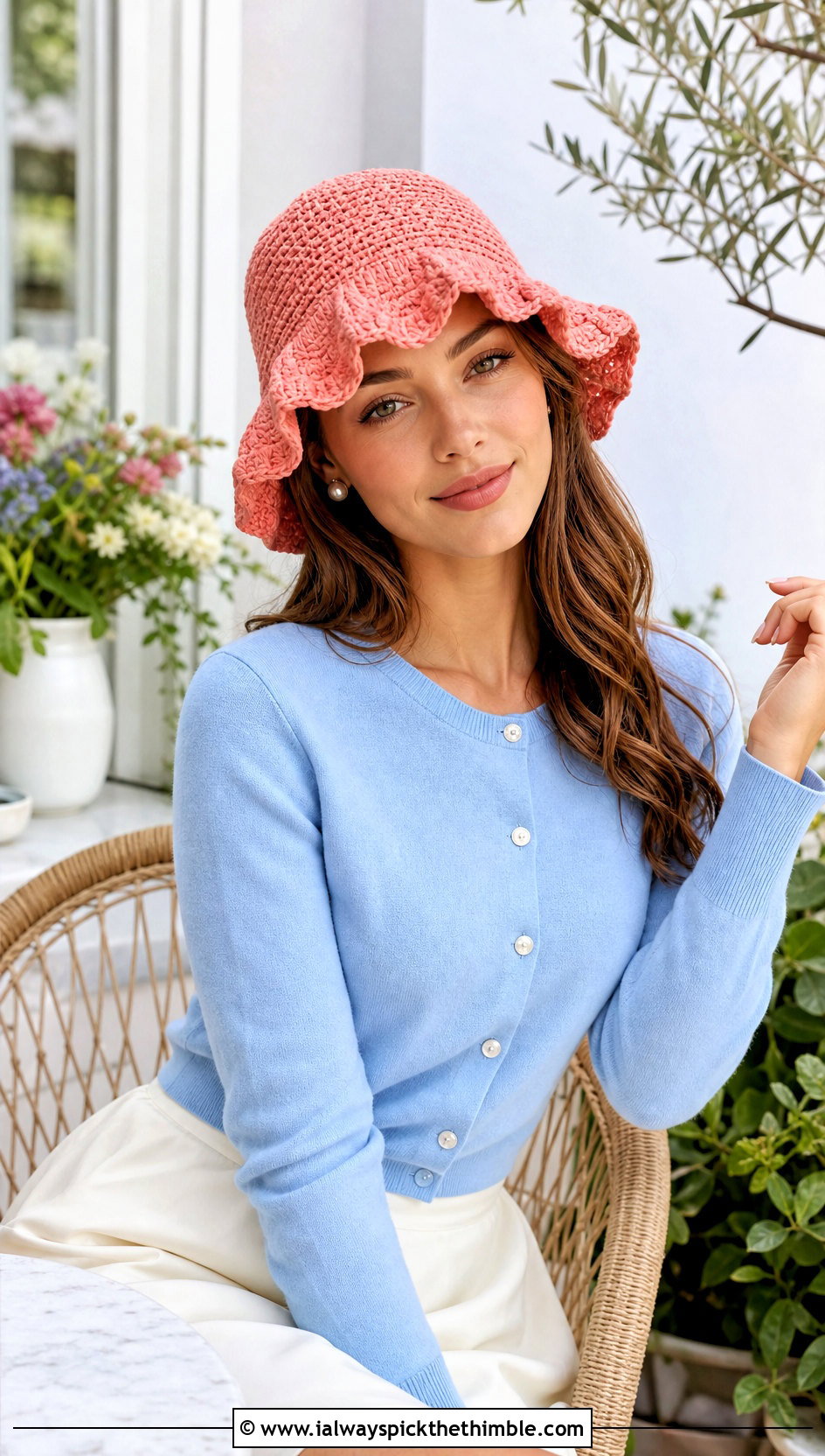 Ruffle Brim Crochet Bucket Hat With Cardigan And Midi Skirt - 20 Easy Crochet Bucket Hats outfit ideas