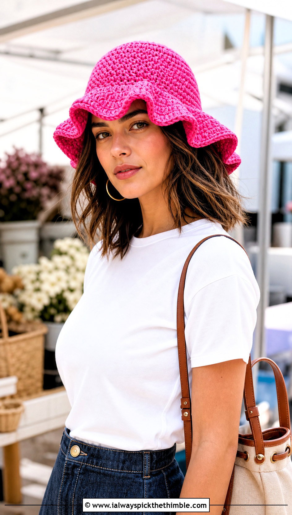 Ruffle Brim Crochet Bucket Hat With Midi Skirt - 20 Crochet Bucket Hat For Women outfit ideas