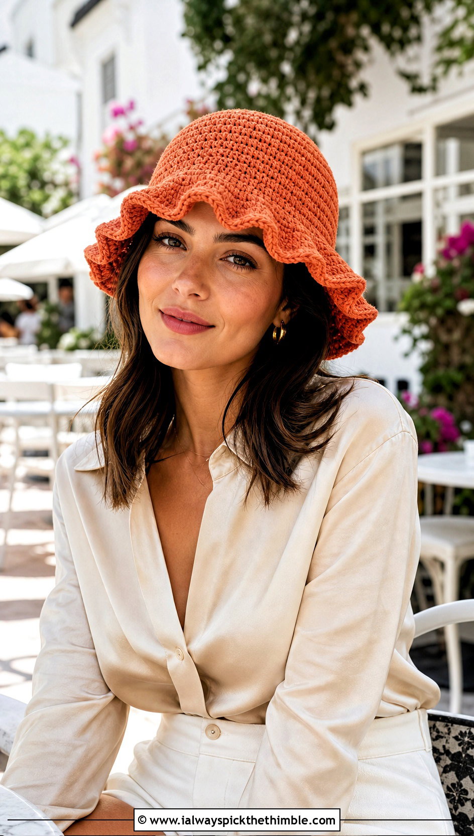 Ruffle Brim Crochet Bucket Hat With Satin Blouse And Tailored Shorts - 20 Crochet Cute Bucket Hat outfit ideas