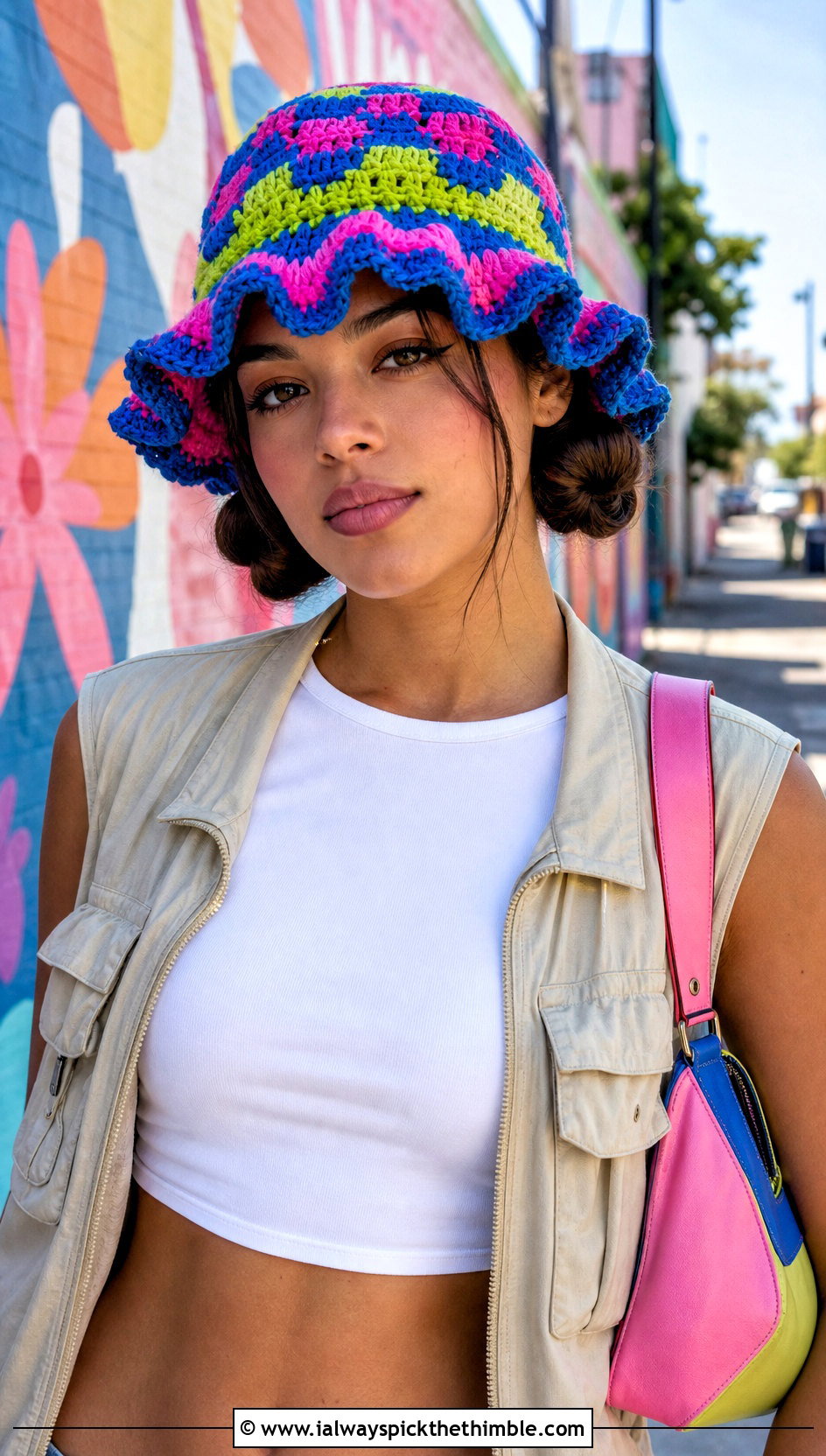 Ruffle Brim Crochet Bucket Hat With Space Buns And White Separates - 20 crochet hat with hair outfit ideas