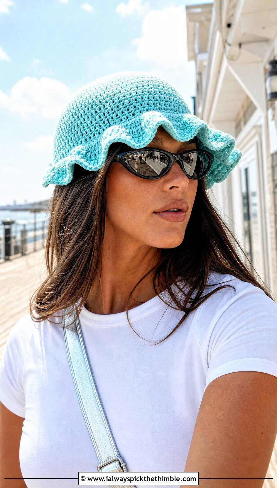 Ruffle Brim Crochet Bucket Hat With T Shirt Dress - 20 Crochet Bucket Hat Design Ideas