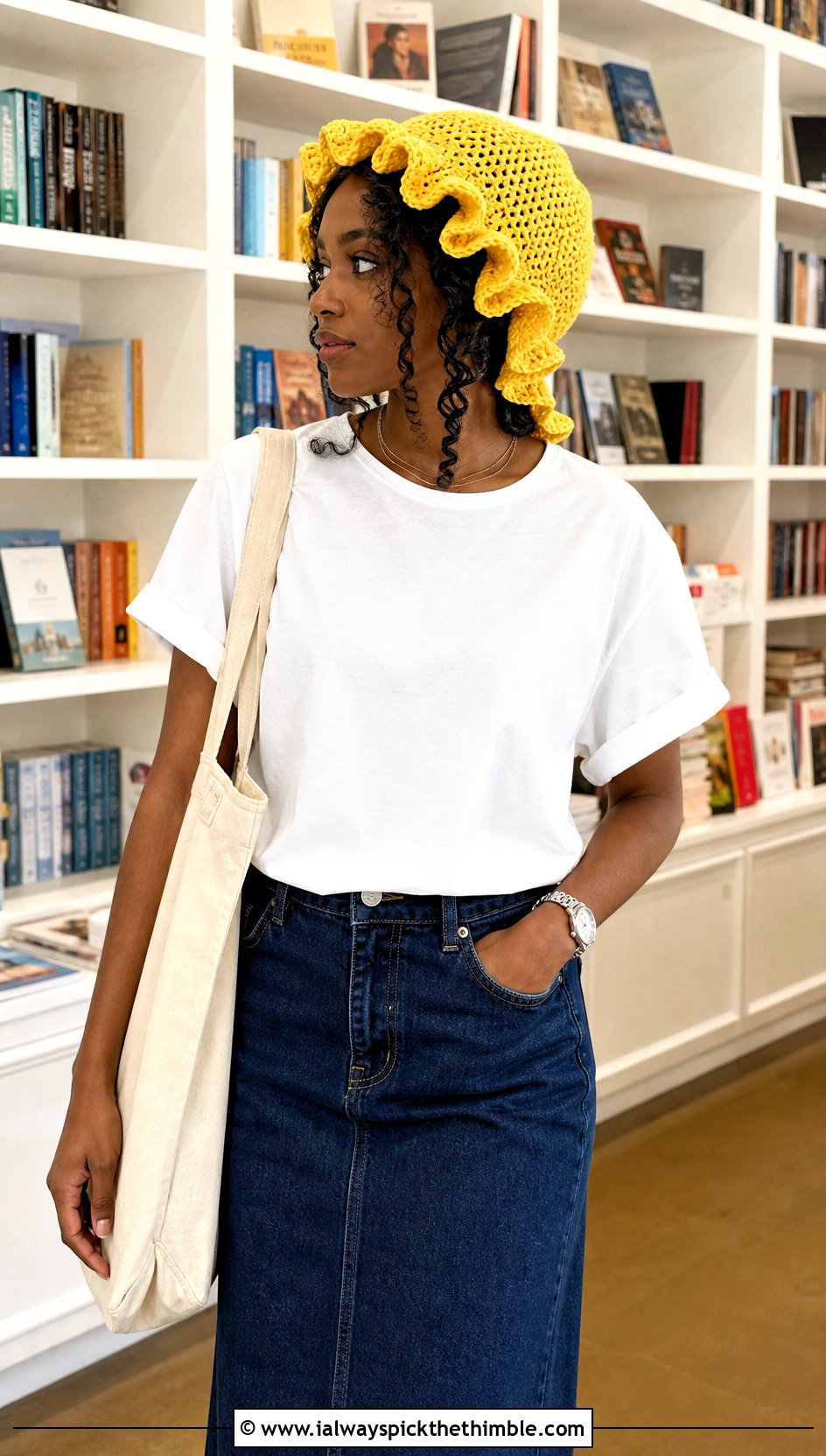 Ruffle Brim Crochet Hair Bonnet With T Shirt And Midi Skirt - 20 Crochet Hair Bonnet outfit ideas