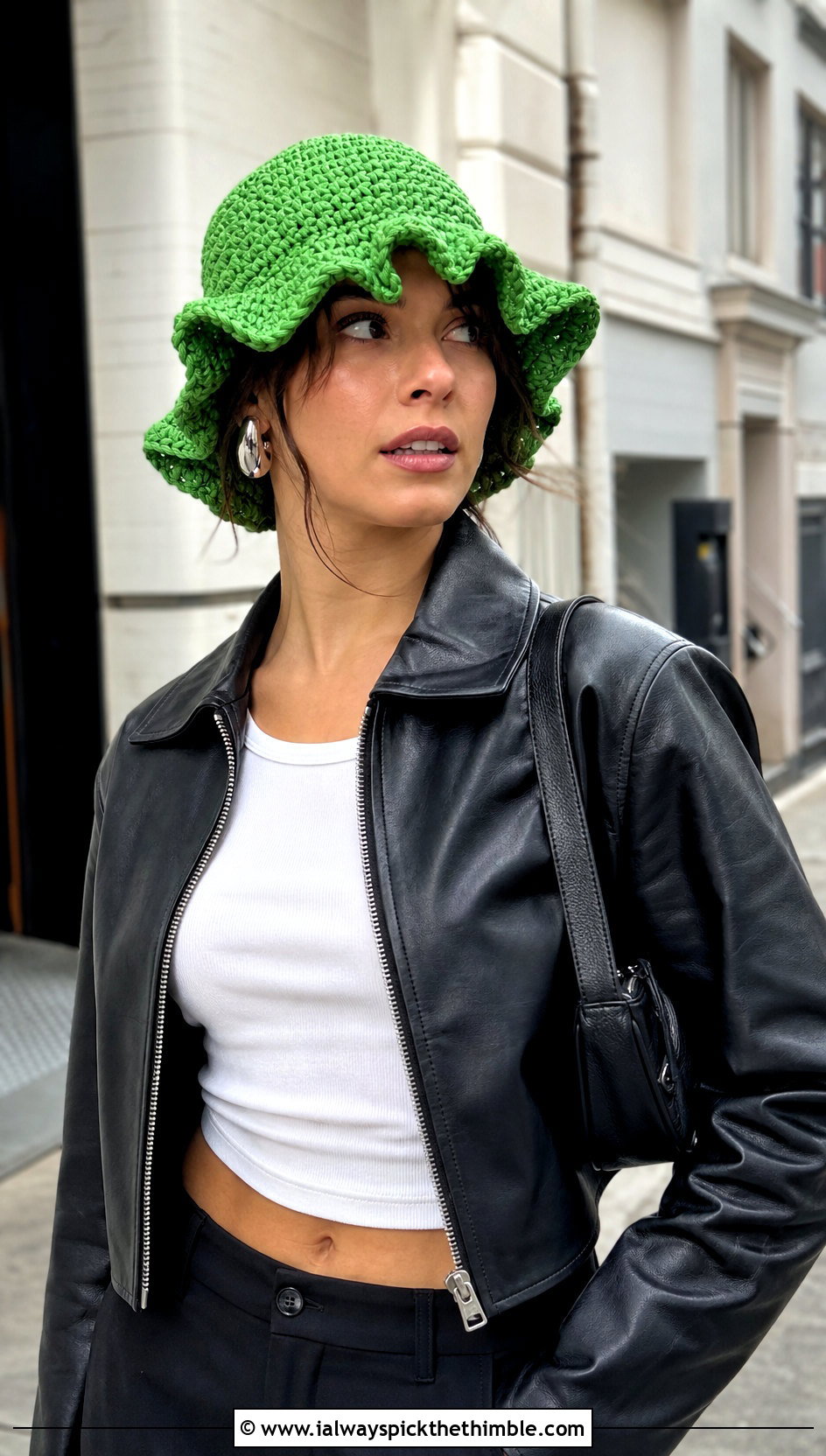 Ruffle Brim Crochet Hat With Leather Jacket - 25 crochet brim hat outfit ideas