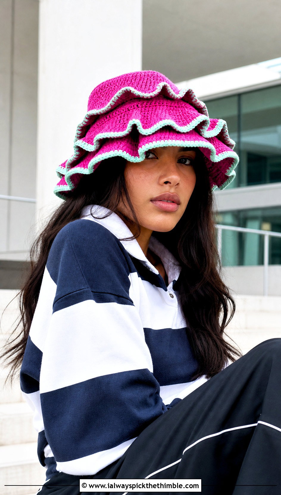 Ruffle Brim Crochet Team Hat With Rugby Shirt And Track Pants - 20 Crochet Team Hat outfit ideas