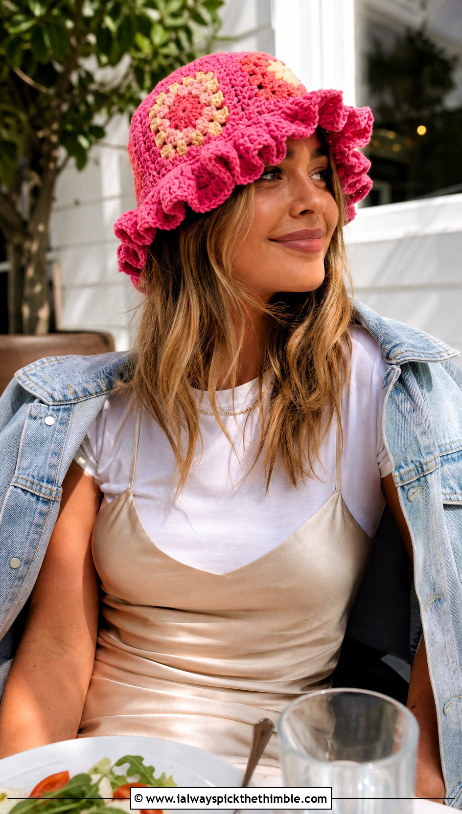 Ruffle Brim Granny Square Hat With Slip Dress - 20 Easy Crochet Granny Square Hats outfit ideas