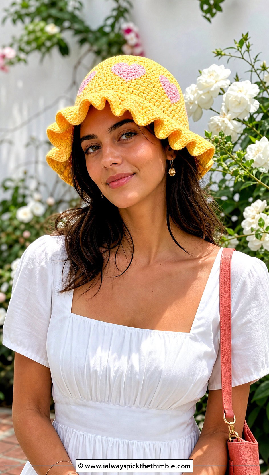 Ruffle Brim Heart Bucket Hat With Midi Dress - 20 crochet heart bucket hat outfit ideas