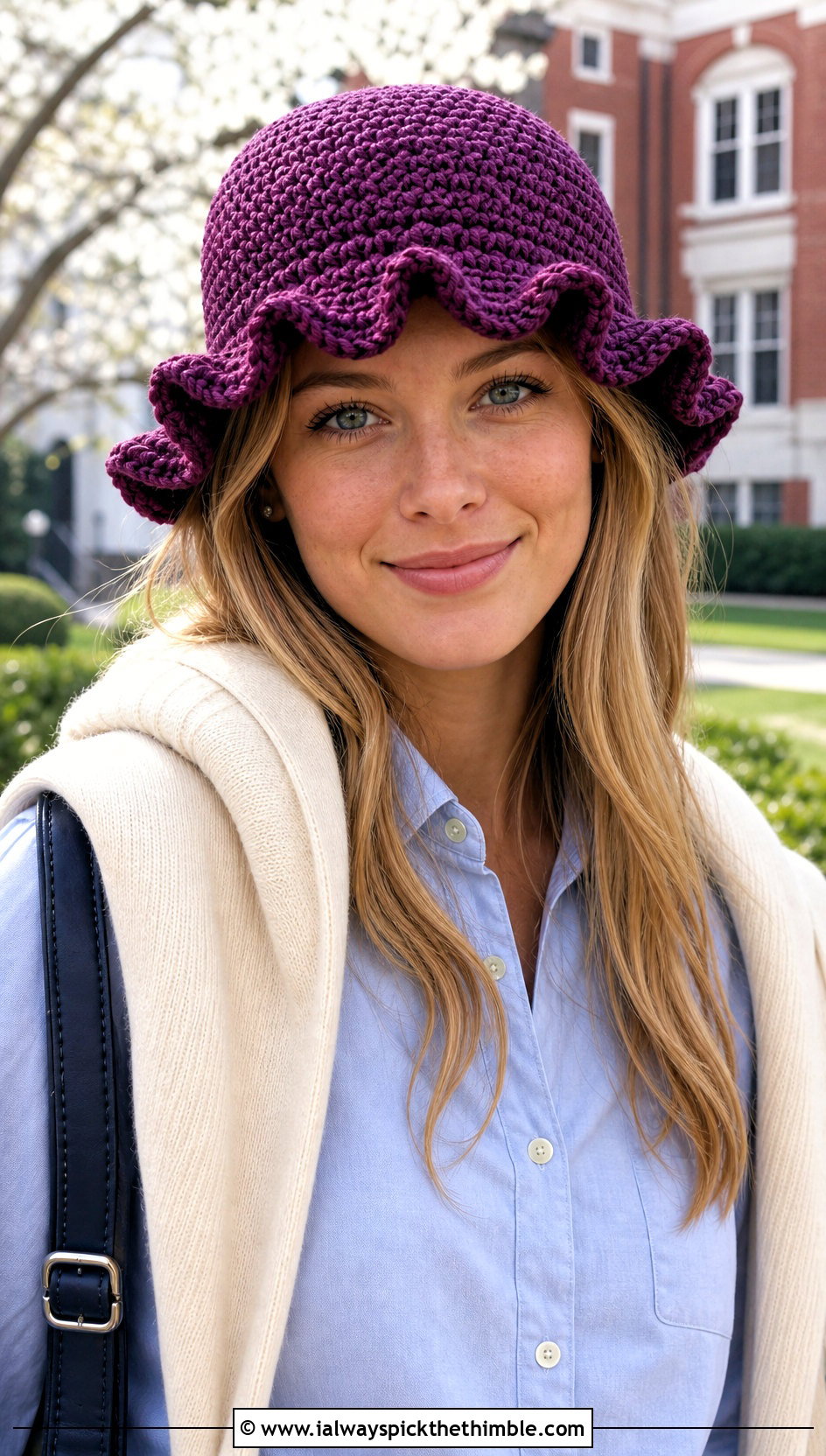 Ruffle Brim Purple Crochet Bucket Hat With Preppy Outfit - 20 purple crochet bucket hat outfit ideas