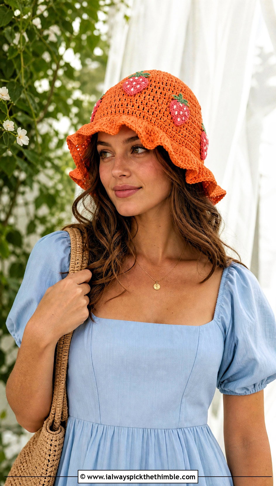 Ruffle Brim Strawberry Crochet Bucket Hat With Midi Dress - 15 strawberry crochet bucket hat outfit ideas