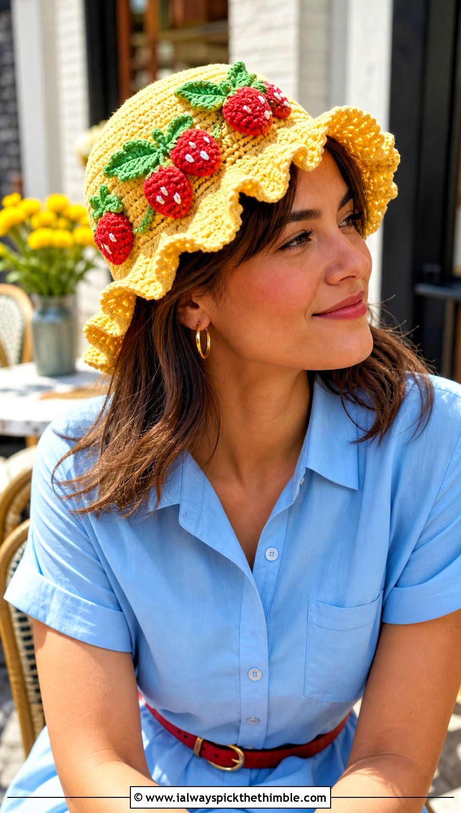 Ruffle Brim Strawberry Crochet Hat With Shirt Dress - 20 strawberry crochet hat outfit ideas