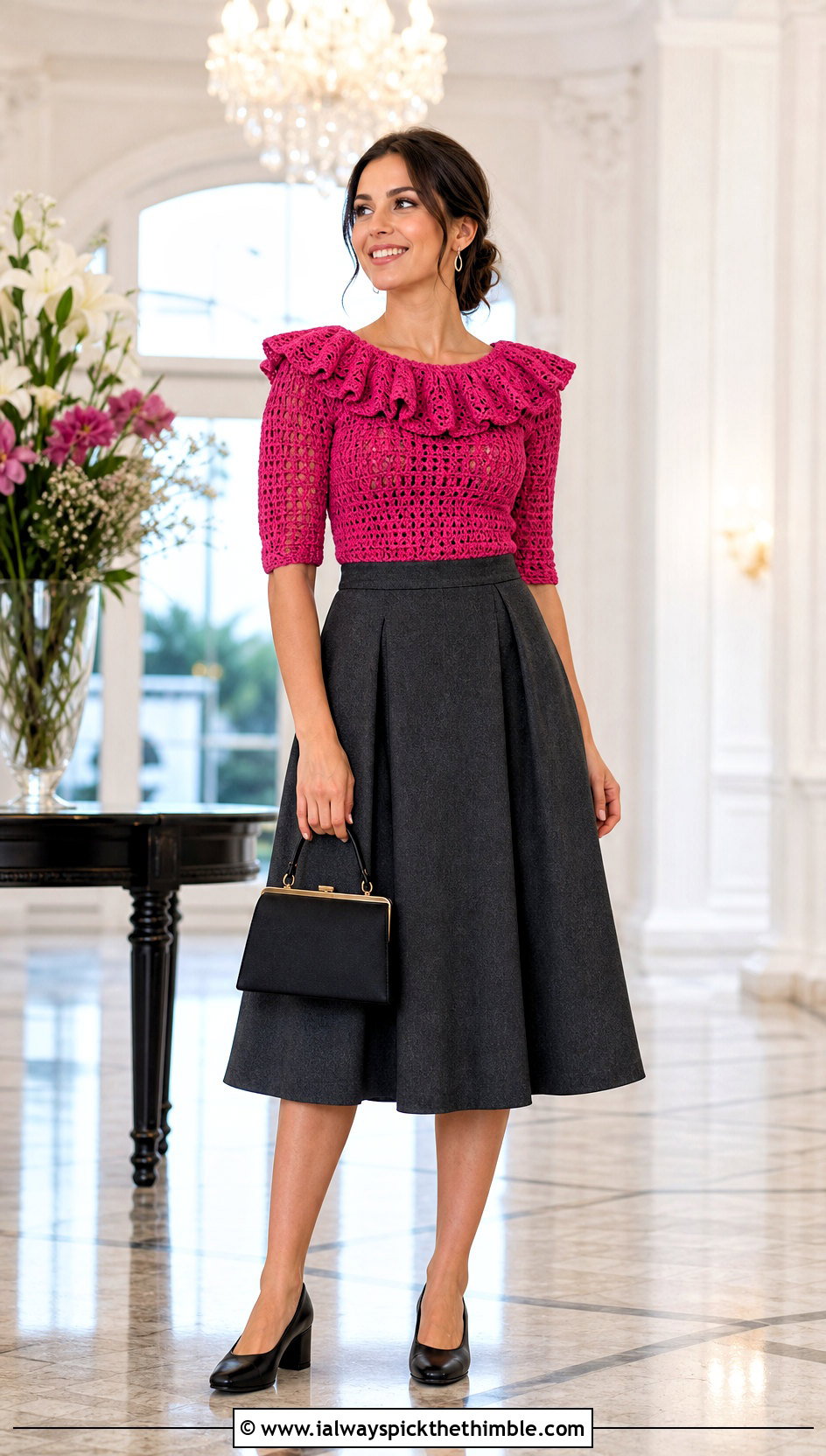 Ruffle Collar Crochet Blouse With A Line Skirt - 25 crochet blouse for women outfit ideas