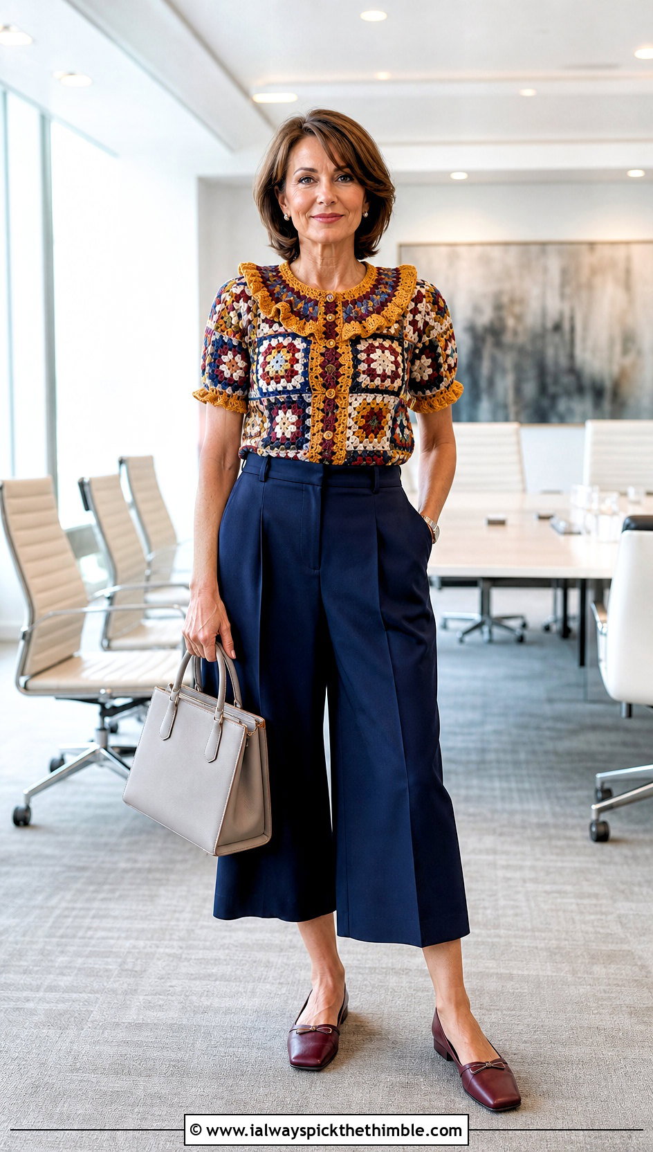 Ruffle Collar Granny Square Blouse With Culottes - 25 Granny Square Blouse outfit ideas