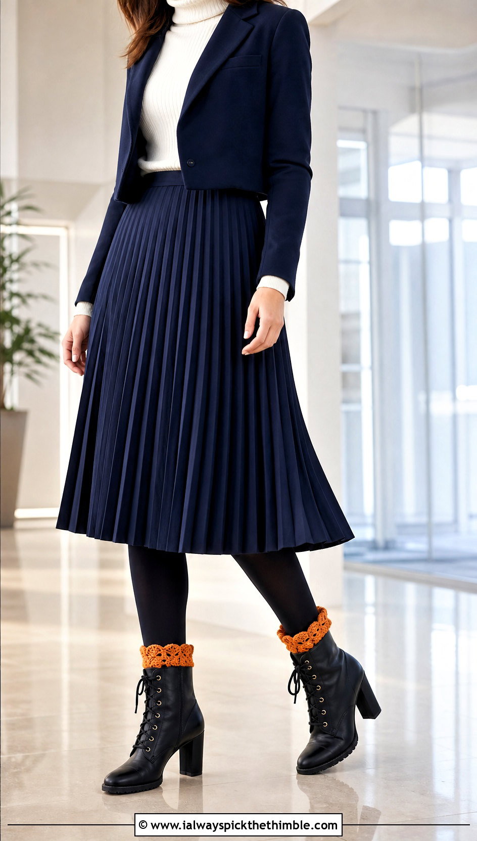 Ruffle Crochet Boot Cuffs With Pleated Skirt And Lace Up Boots - 20 crochet boot cuff outfit ideas