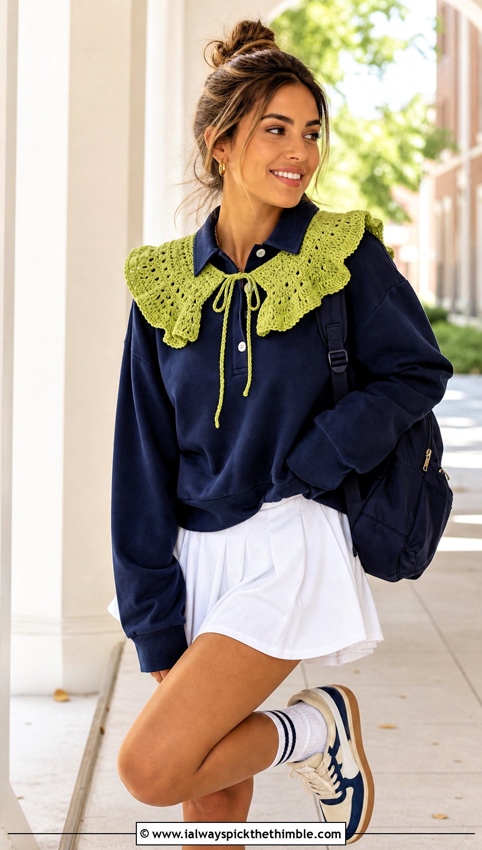 Ruffle Crochet Collar With Polo Sweatshirt And Tennis Skirt - 15 beginner crochet collar outfit ideas
