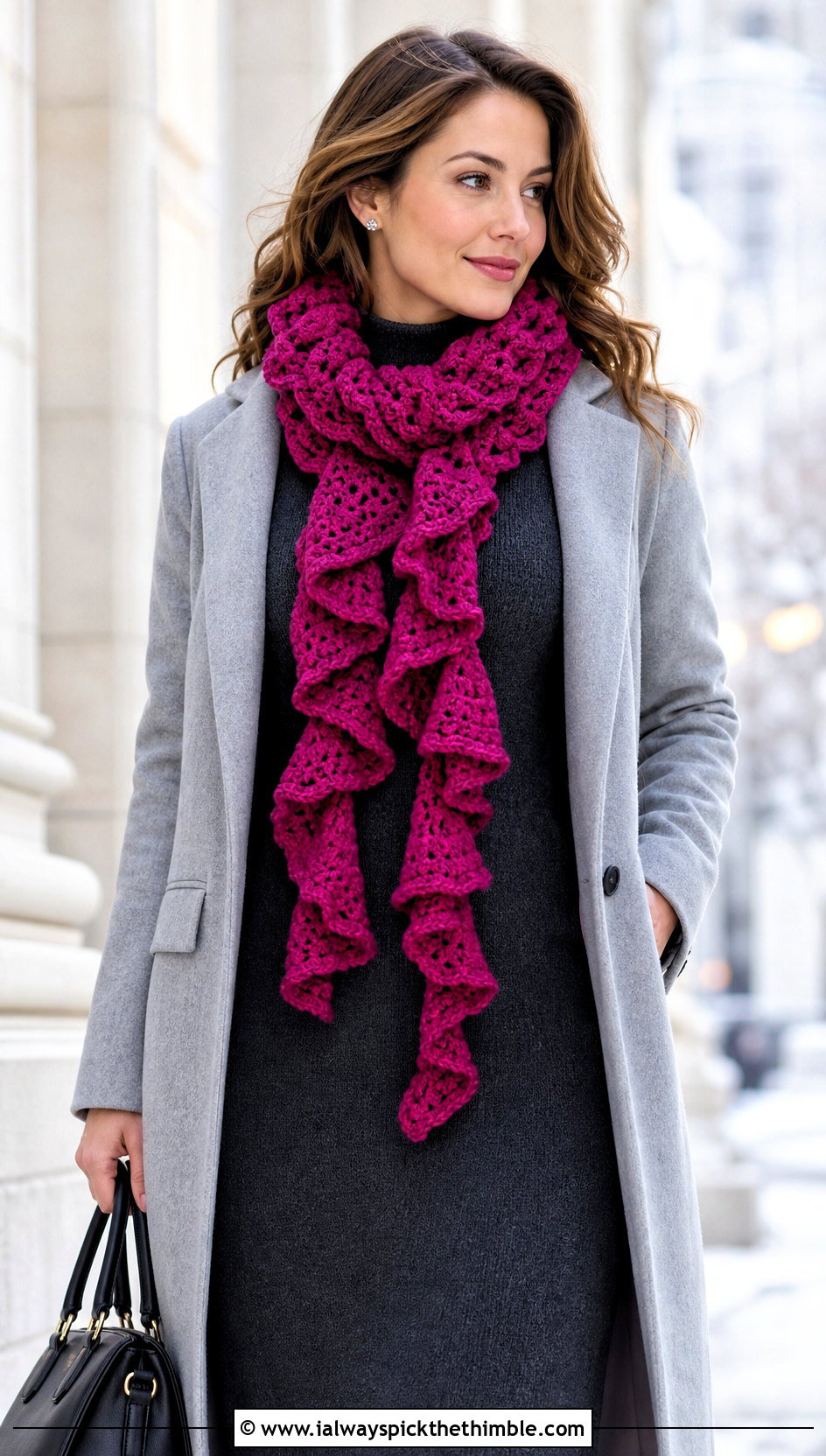 Ruffle Crochet Ribbon Scarf With Knit Dress And Boots - 15 Crochet Ribbon Scarf outfit ideas
