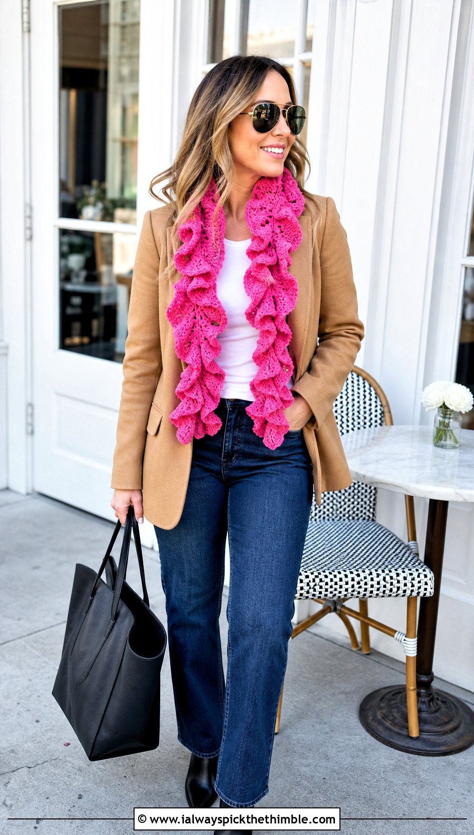Ruffle Crochet Scarf With Blazer And Jeans - 20 Crochet Fun Scarf outfit ideas