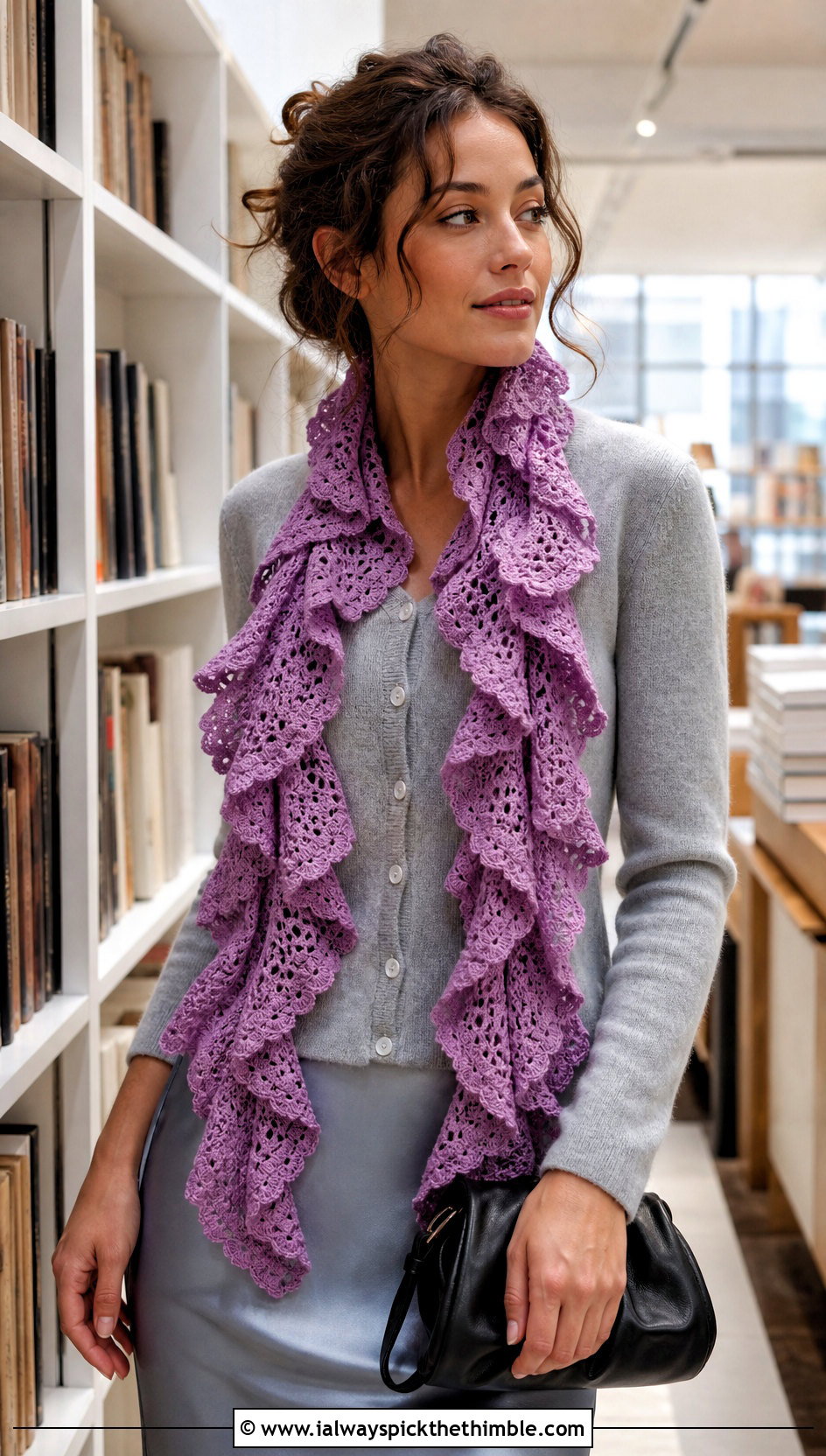 Ruffle Crochet Scarf With Cardigan And Slip Skirt - 20 Beautiful Crochet Scarf outfit ideas