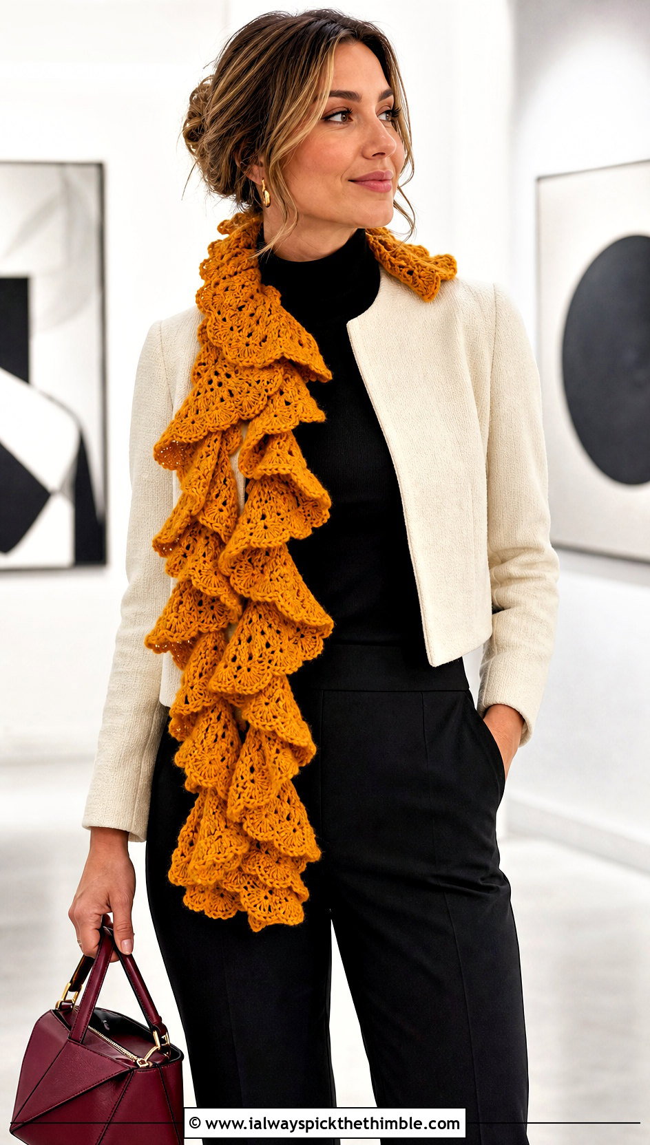 Ruffle Crochet Scarf With Cropped Jacket - 25 easy one skein crochet scarf outfit ideas