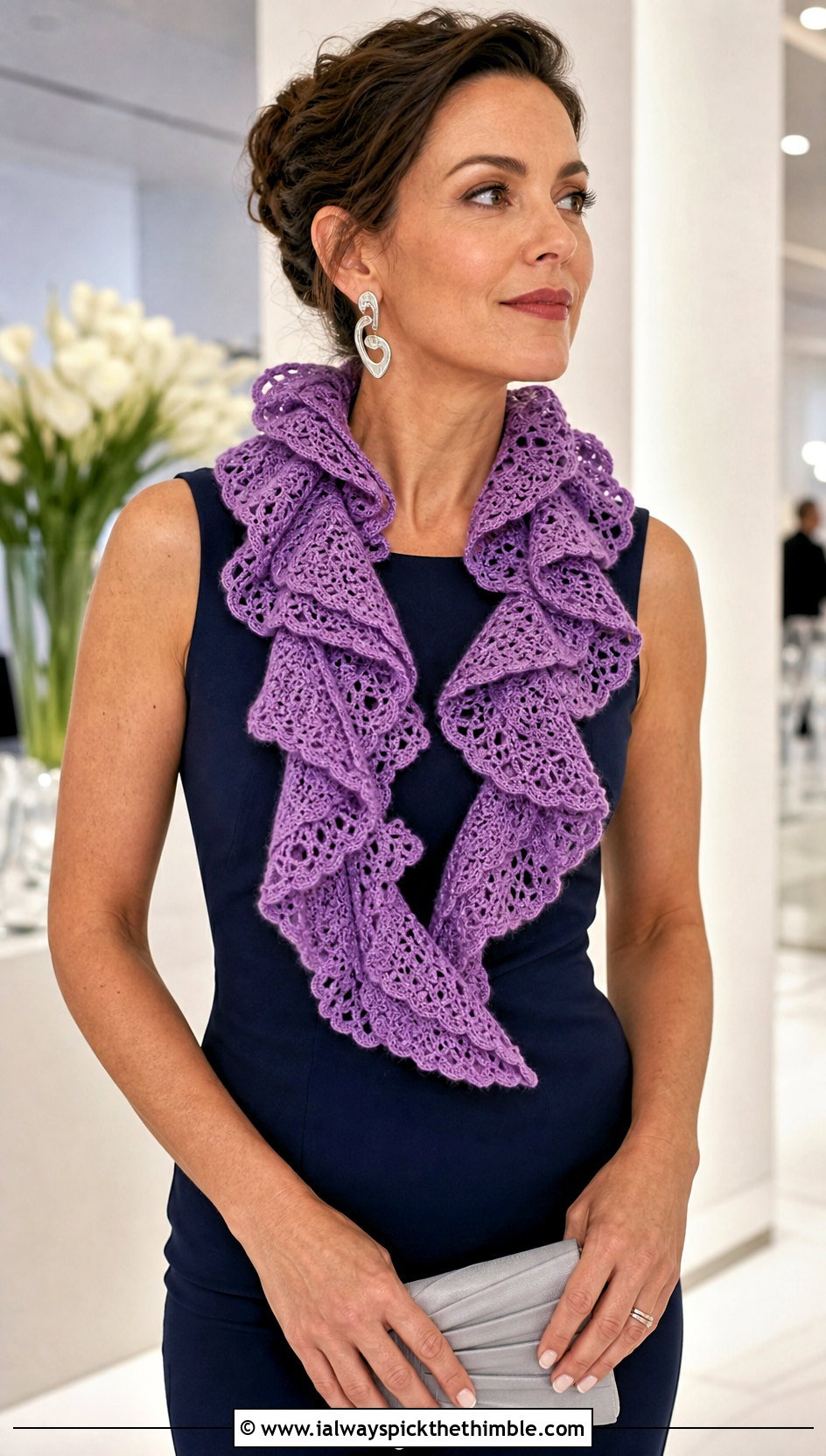 Ruffle Crochet Scarf With Minimalist Dress - 15 Crochet Fancy Scarf outfit ideas