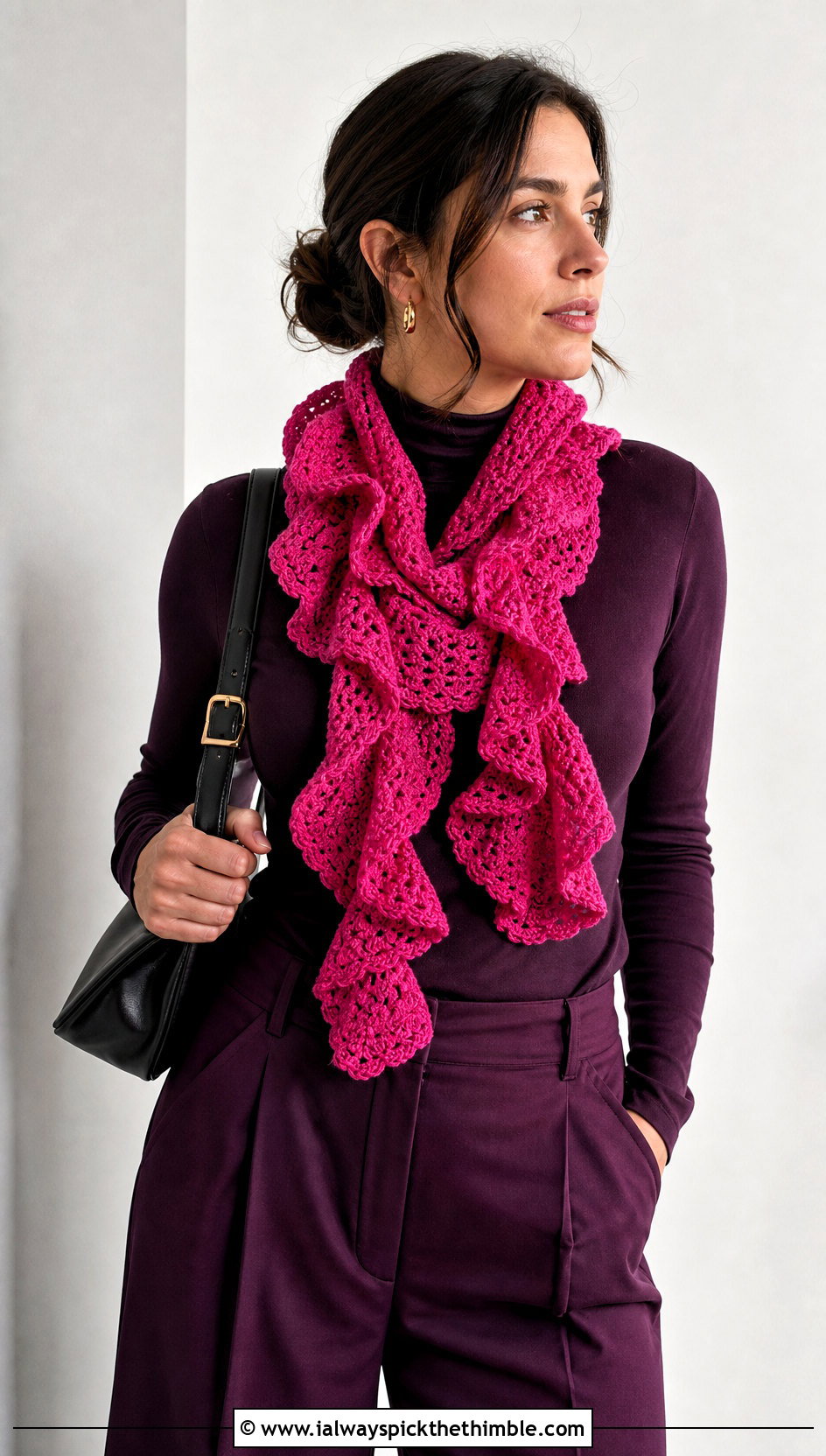 Ruffle Crochet Scarf With Monochrome Outfit - 25 crocheted scarf outfit ideas