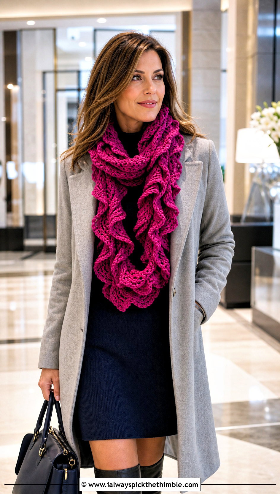 Ruffle Crochet Scarf With Sweater Dress And Boots - 25 fun crochet scarf outfit ideas