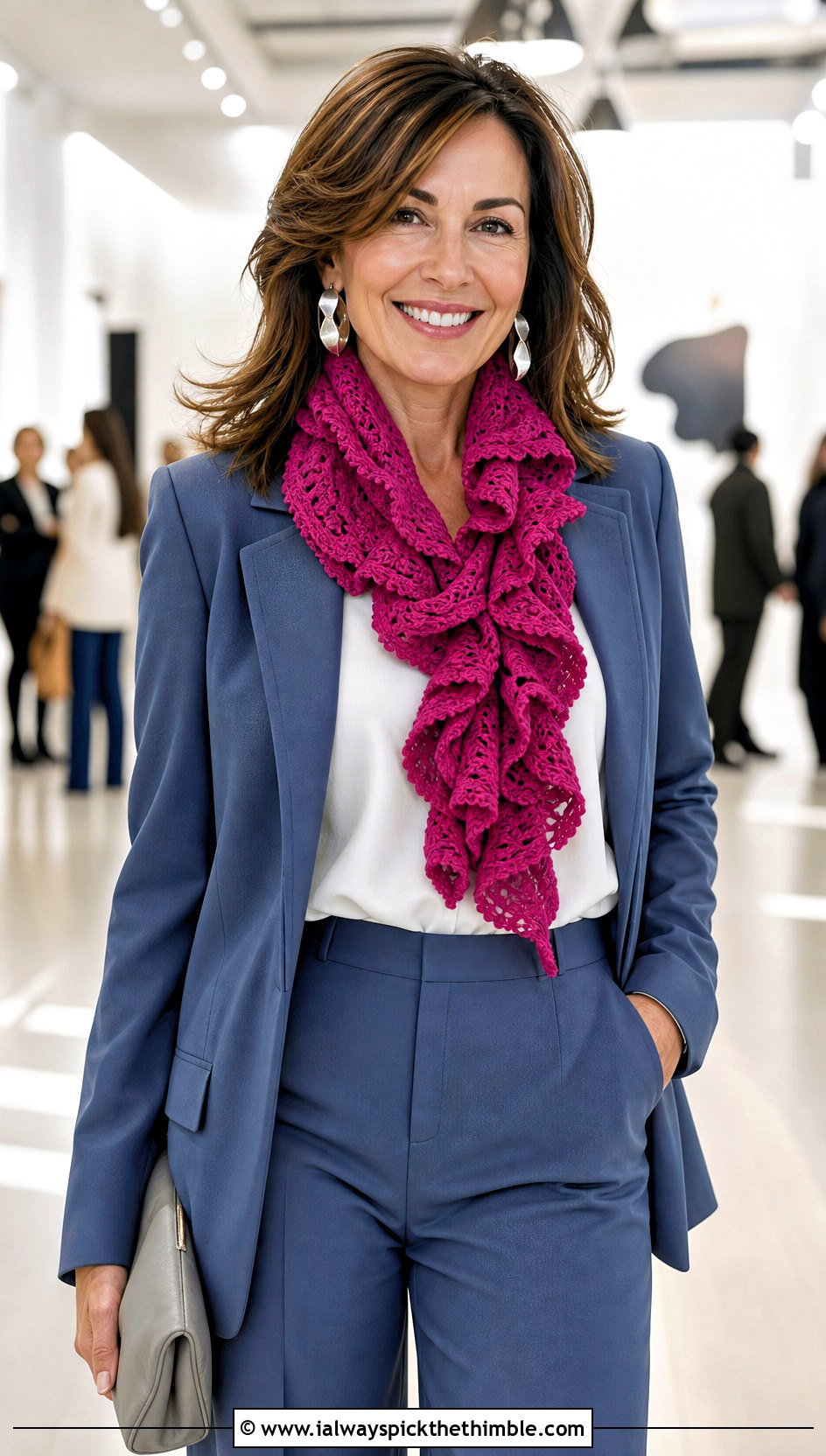 Ruffle Crochet Scarf With Wide Leg Suit - 20 super crochet scarf outfit ideas