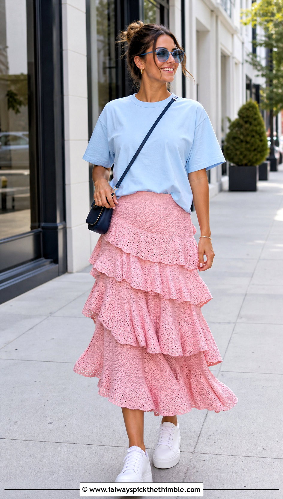 Ruffle Crochet Skirt With Boxy T Shirt - 25 crochet flowy skirt outfit ideas