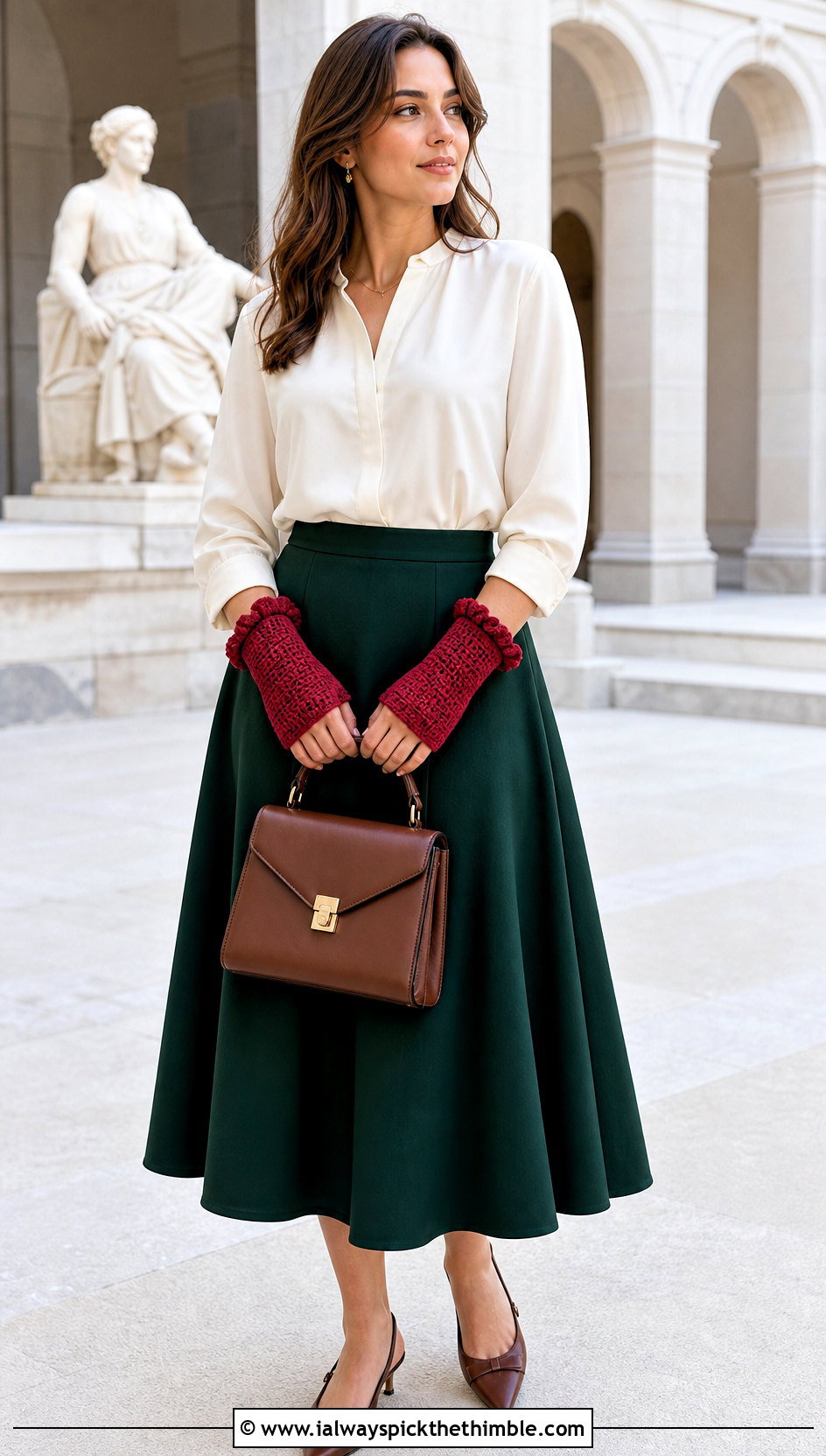 Ruffle Cuff Crochet Fingerless Gloves With Blouse And Midi Skirt - 20 Diy Crochet Fingerless Gloves outfit ideas