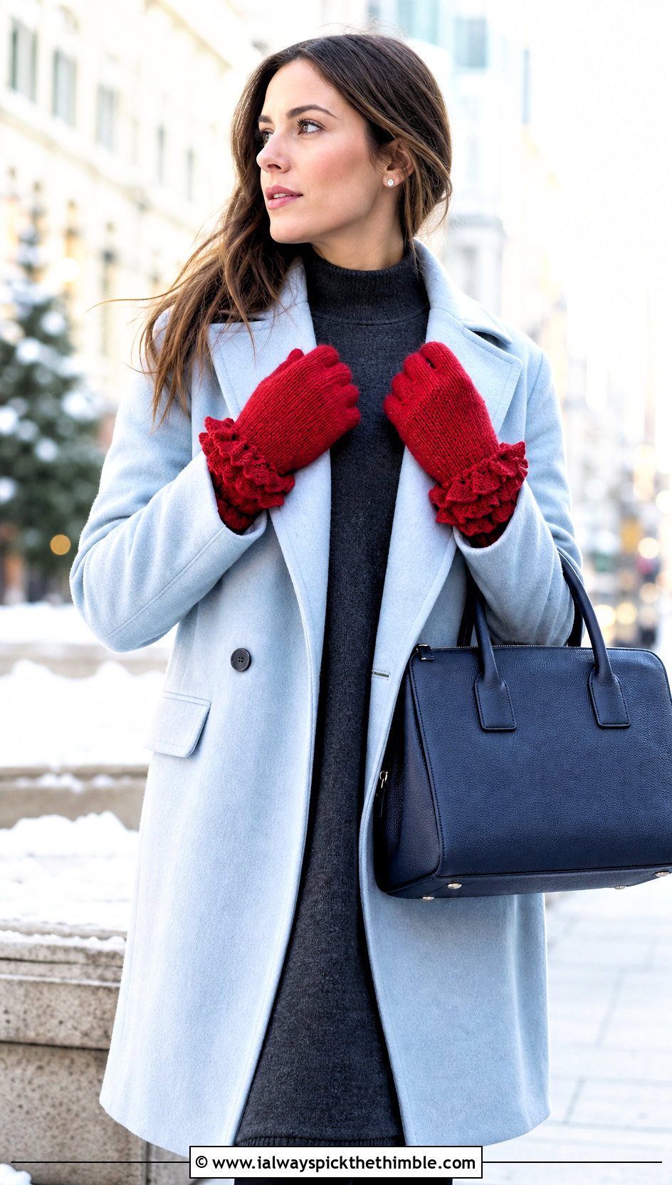 Ruffle Cuff Crochet Gloves With Sweater Dress - 20 aesthetic crochet gloves outfit ideas