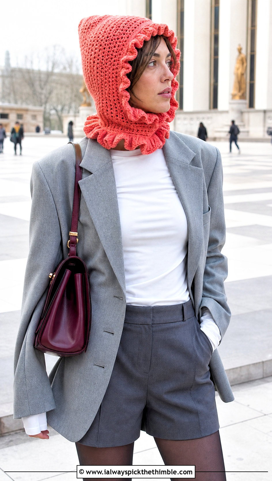 Ruffle Edge Crochet Balaclava With Blazer And Shorts - 20 hooded crochet balaclava outfit ideas