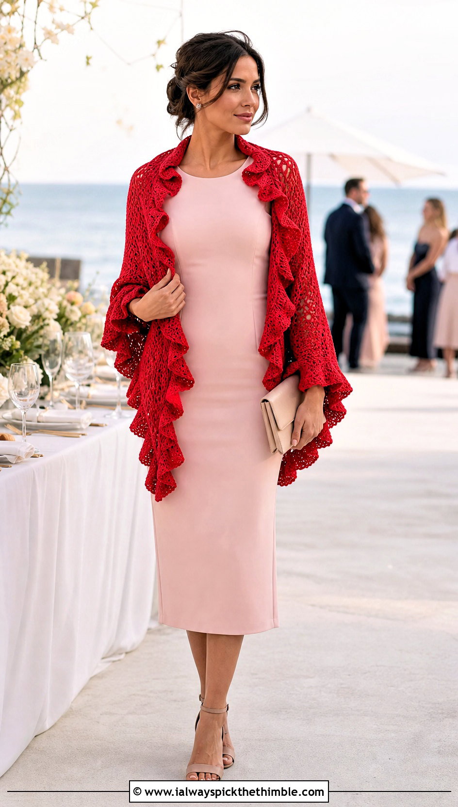 Ruffle Edge Crochet Beach Shawl With Column Dress - 20 crochet beach shawl outfit ideas
