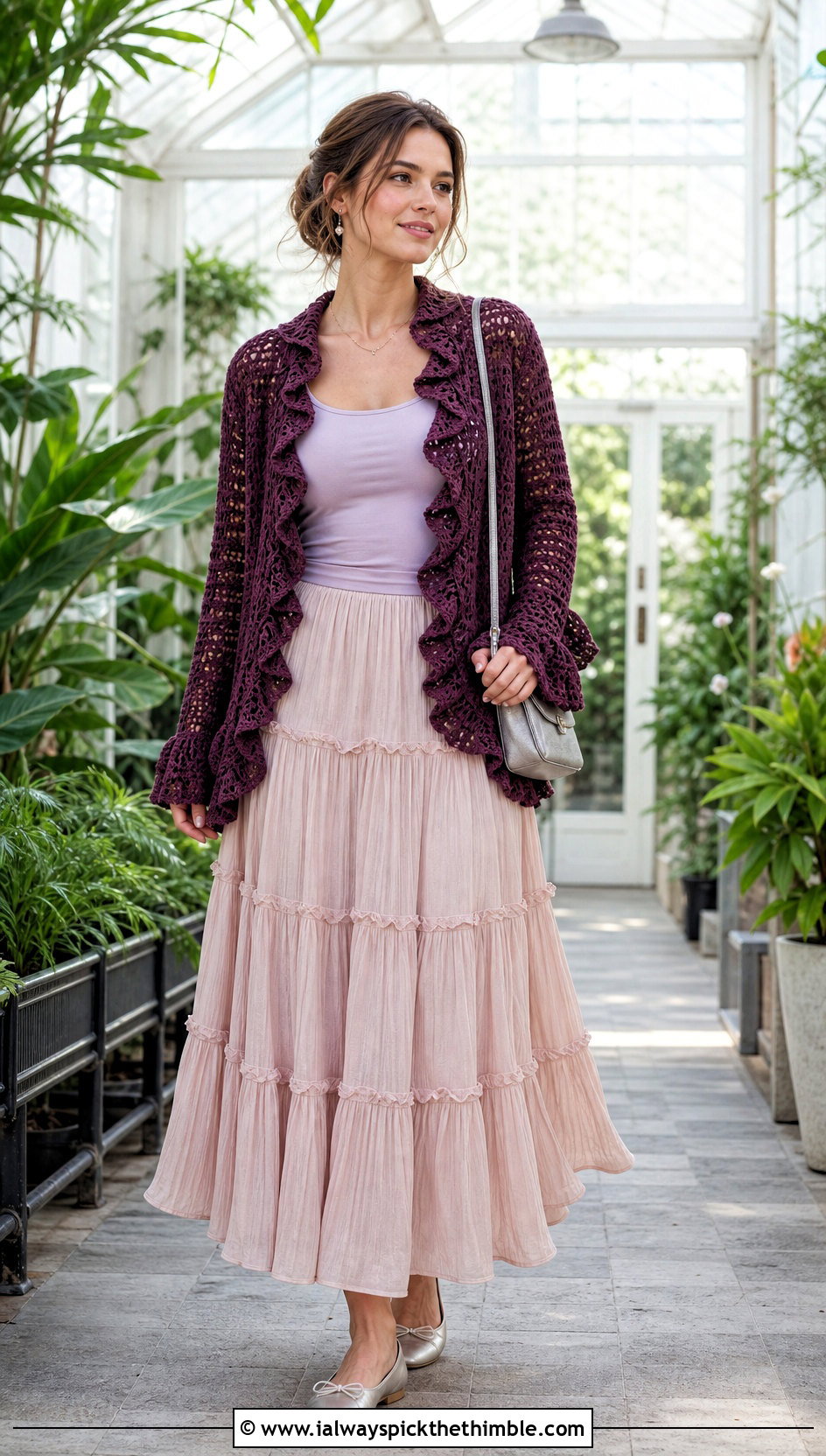 Ruffle Edge Crochet Cardigan With Tiered Maxi Skirt - 20 kawaii crochet cardigan outfit ideas