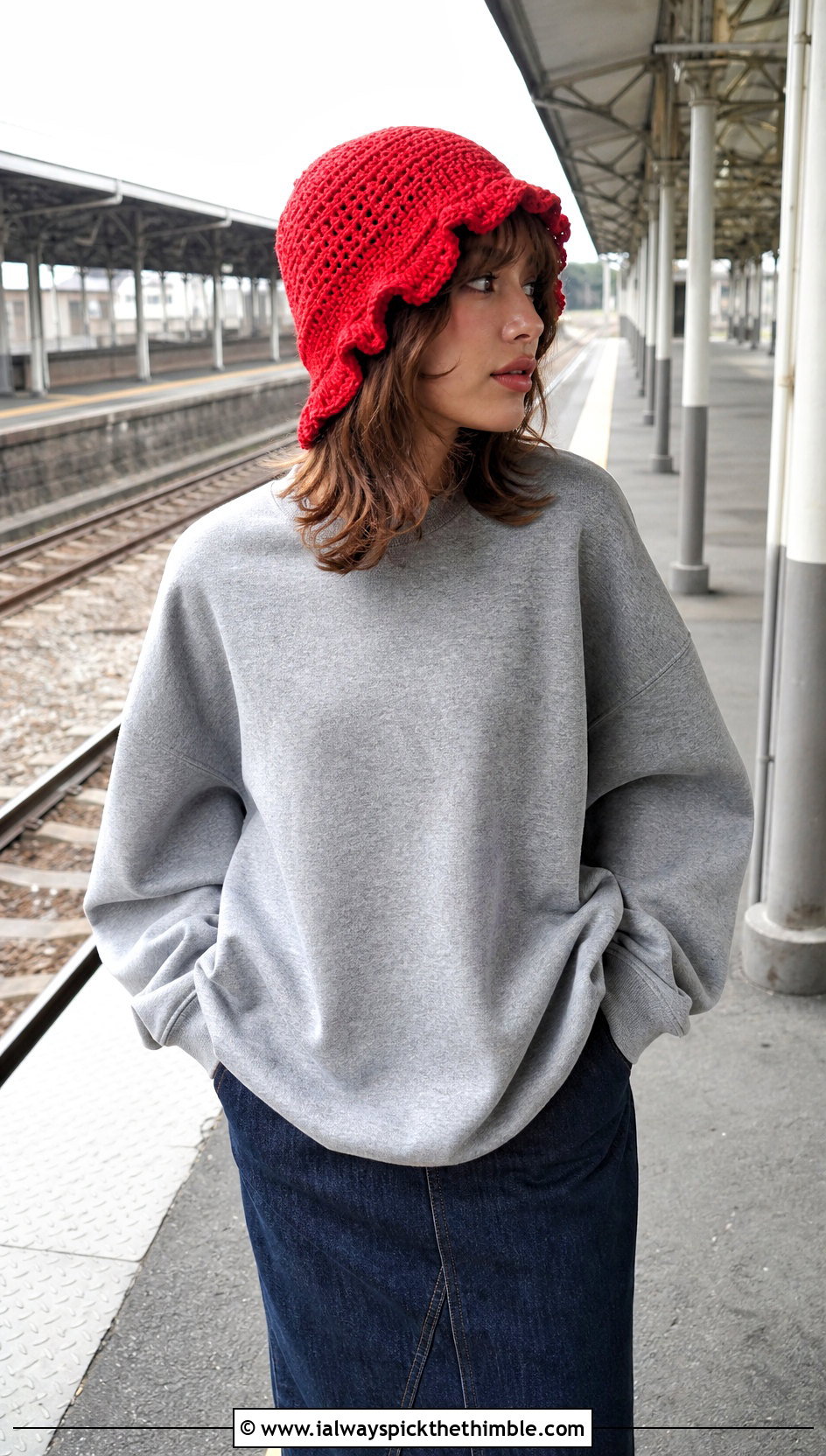 Ruffle Edge Crochet Lace Beanie With Sweatshirt - 20 crochet lace beanie outfit ideas