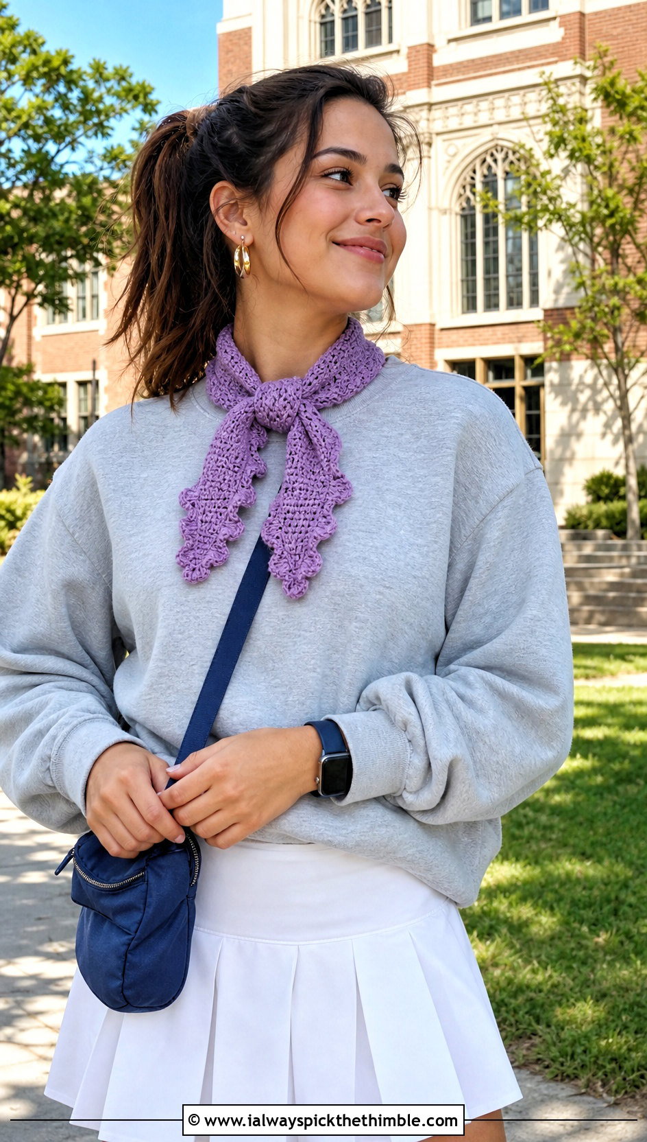 Ruffle Edge Crochet Mini Scarf With Sweatshirt And Tennis Skirt - 20 Tiny Crochet Scarf outfit ideas