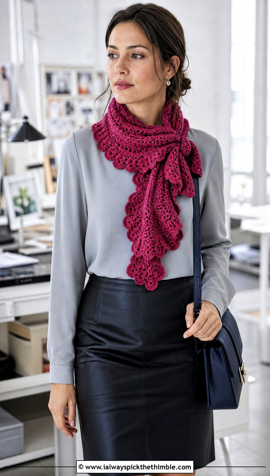 Ruffle Edge Crochet Scarf With Blouse And Leather Skirt - 25 easy crochet scarf outfit ideas