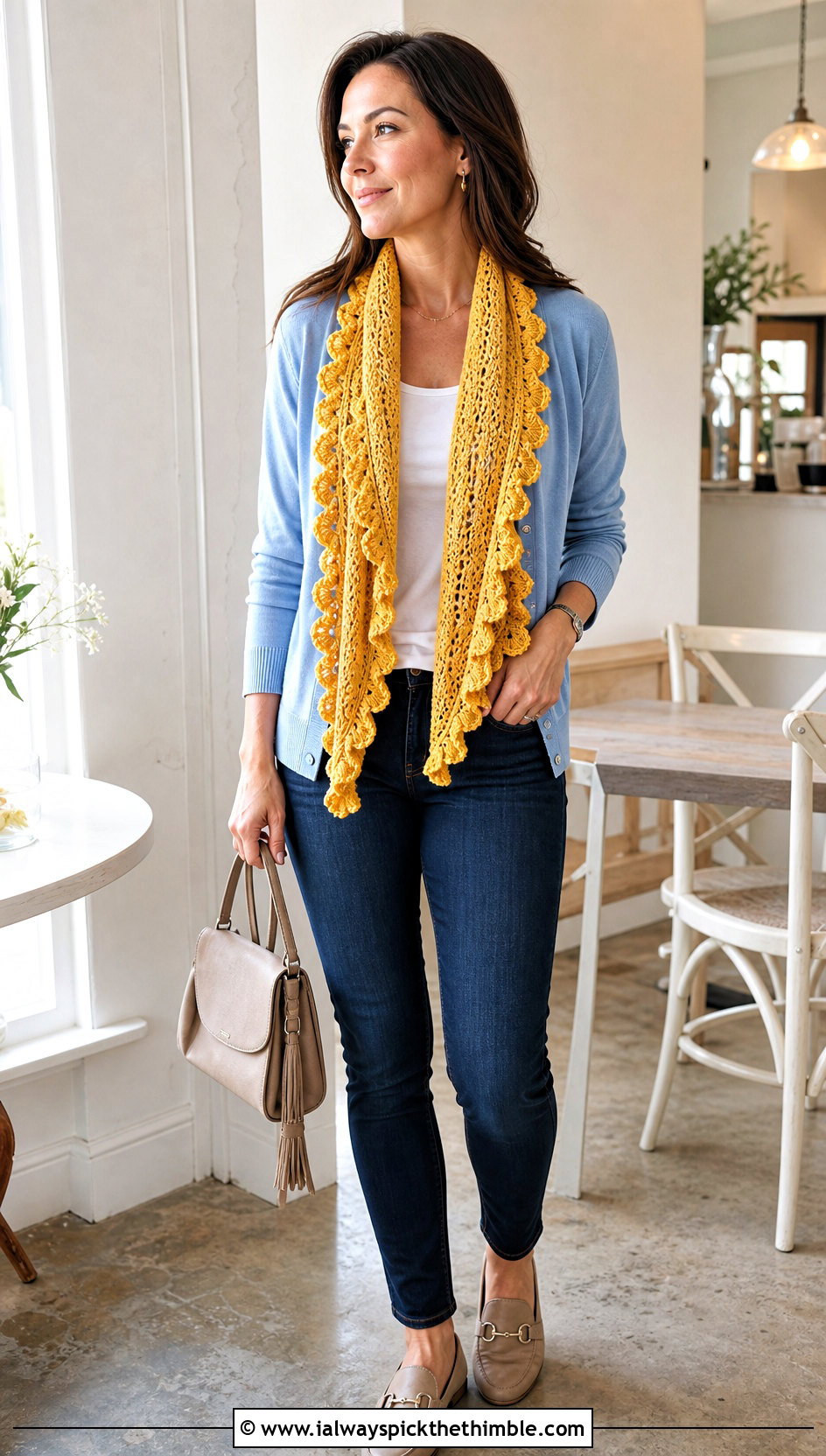 Ruffle Edge Crochet Scarf With Cardigan And Jeans - 25 crochet scarves outfit ideas
